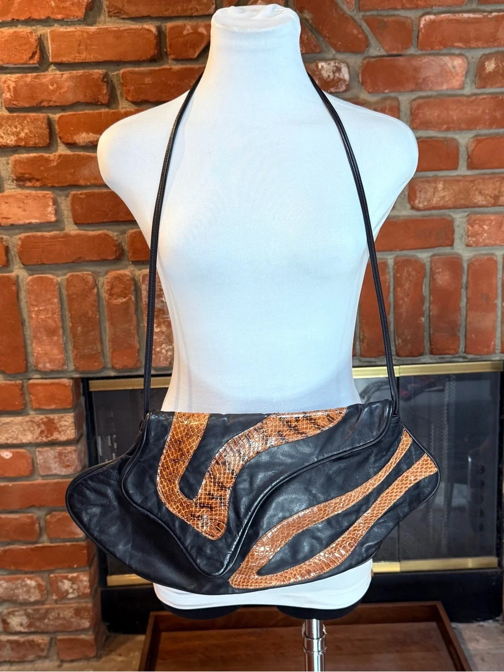 Vintage Black Soft Leather Shoulder Bag Snakeskin Inlay Slouch Hobo Boho Artisan